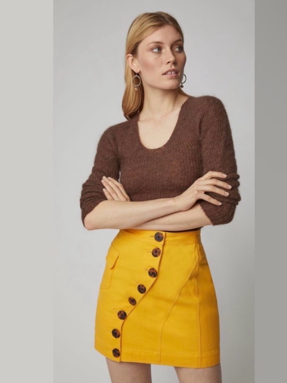 Acler Golding Yellow Denim Skirt w/ Tortoise Buttons & Asymmetrical Front Close